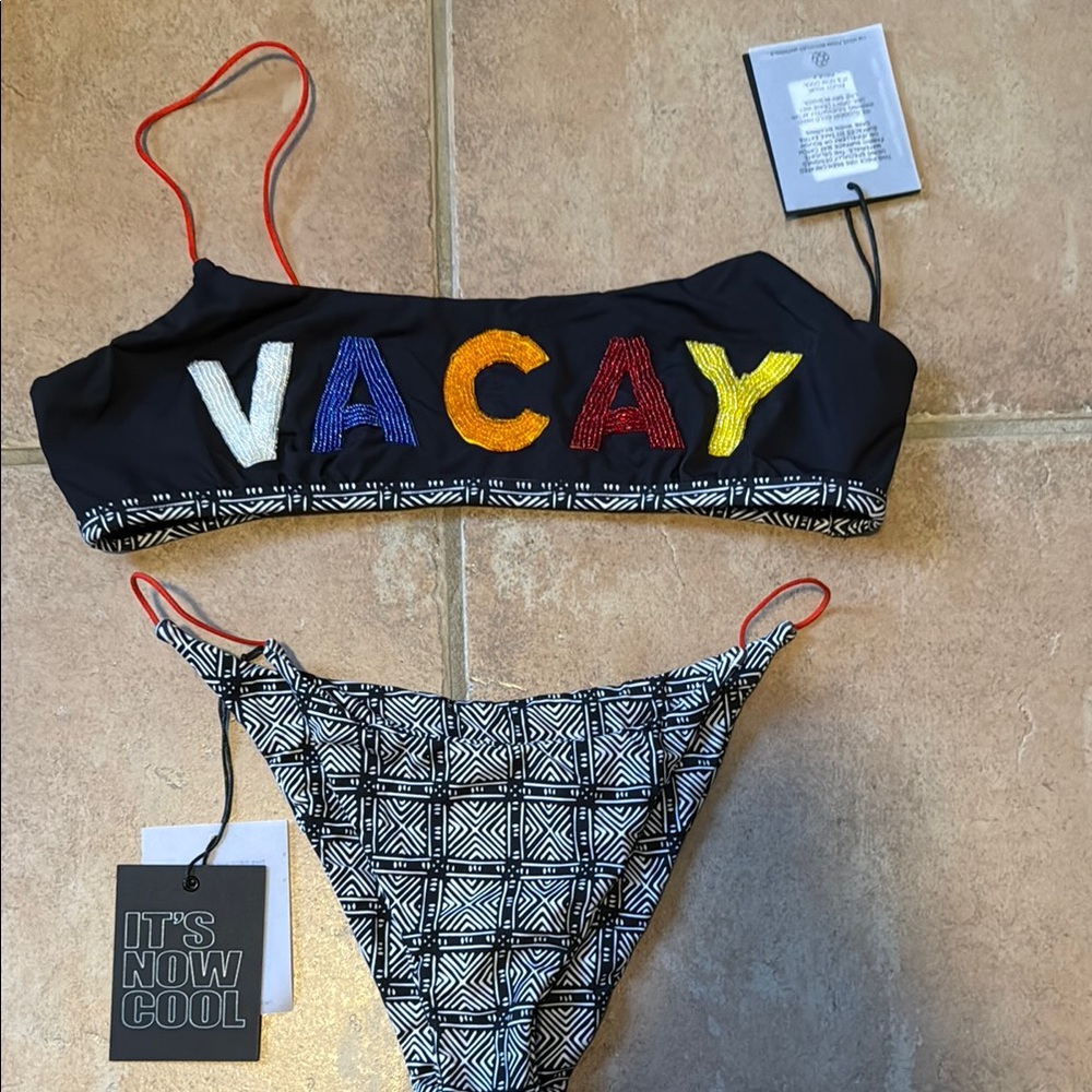 Black and White Bikini with Colorful VACAY Top